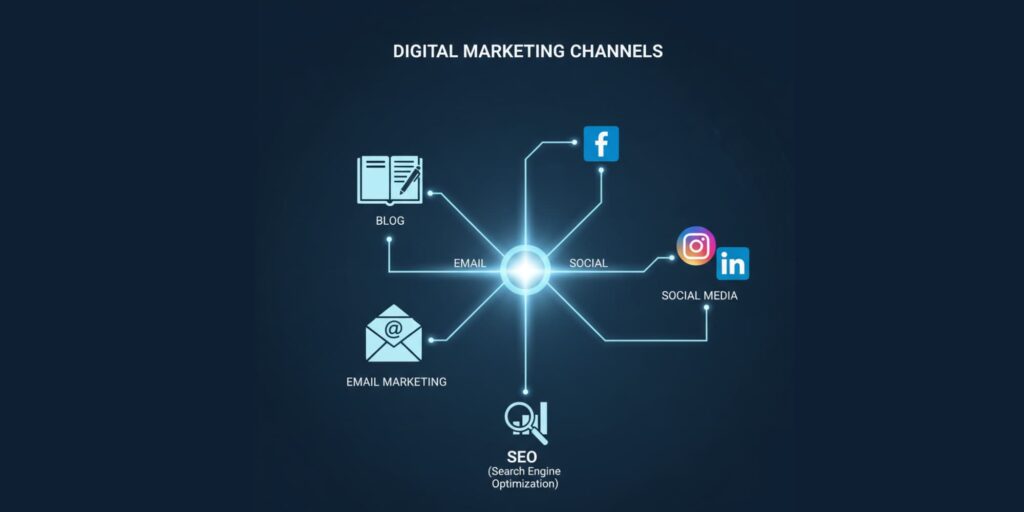 Ecosistema de marketing digital con iconos de redes sociales, email, SEO y contenido conectados entre sí.