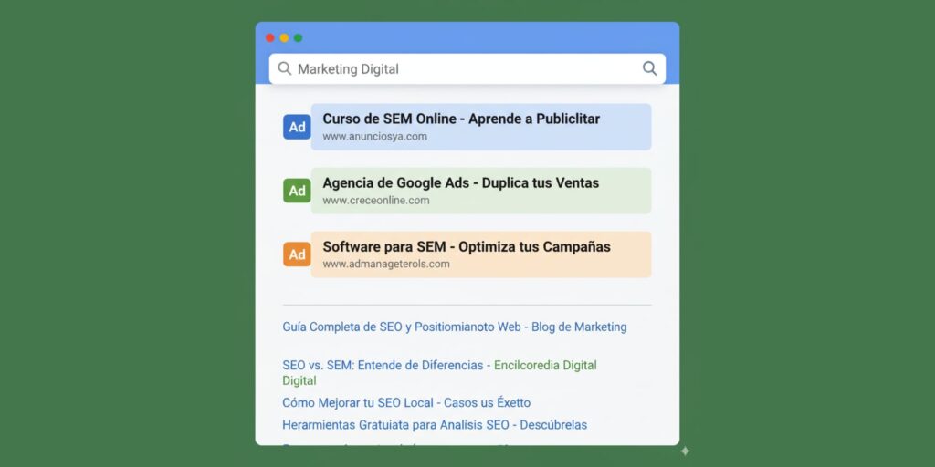 Diagrama simple mostrando la diferencia entre resultados orgánicos de SEO y anuncios pagados de SEM en una página de búsqueda de Google.