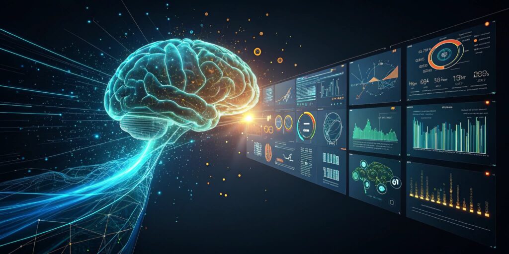 Representación visual de la sinergia entre Marketing, Analítica e IA, mostrando un cerebro digital conectado a dashboards de datos y a iconos de marketing.