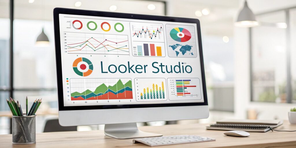 Un dashboard moderno e interactivo de Looker Studio mostrando gráficos de rendimiento de marketing digital.