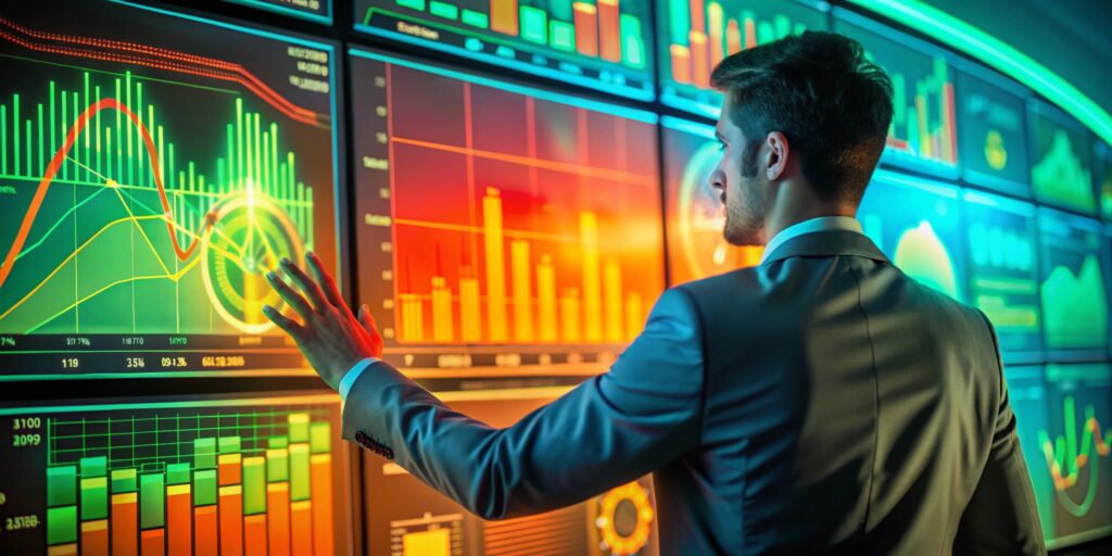 Un científico de datos sonriente ajustando diales y palancas en un panel de control digital con gráficos de rendimiento que van hacia arriba.